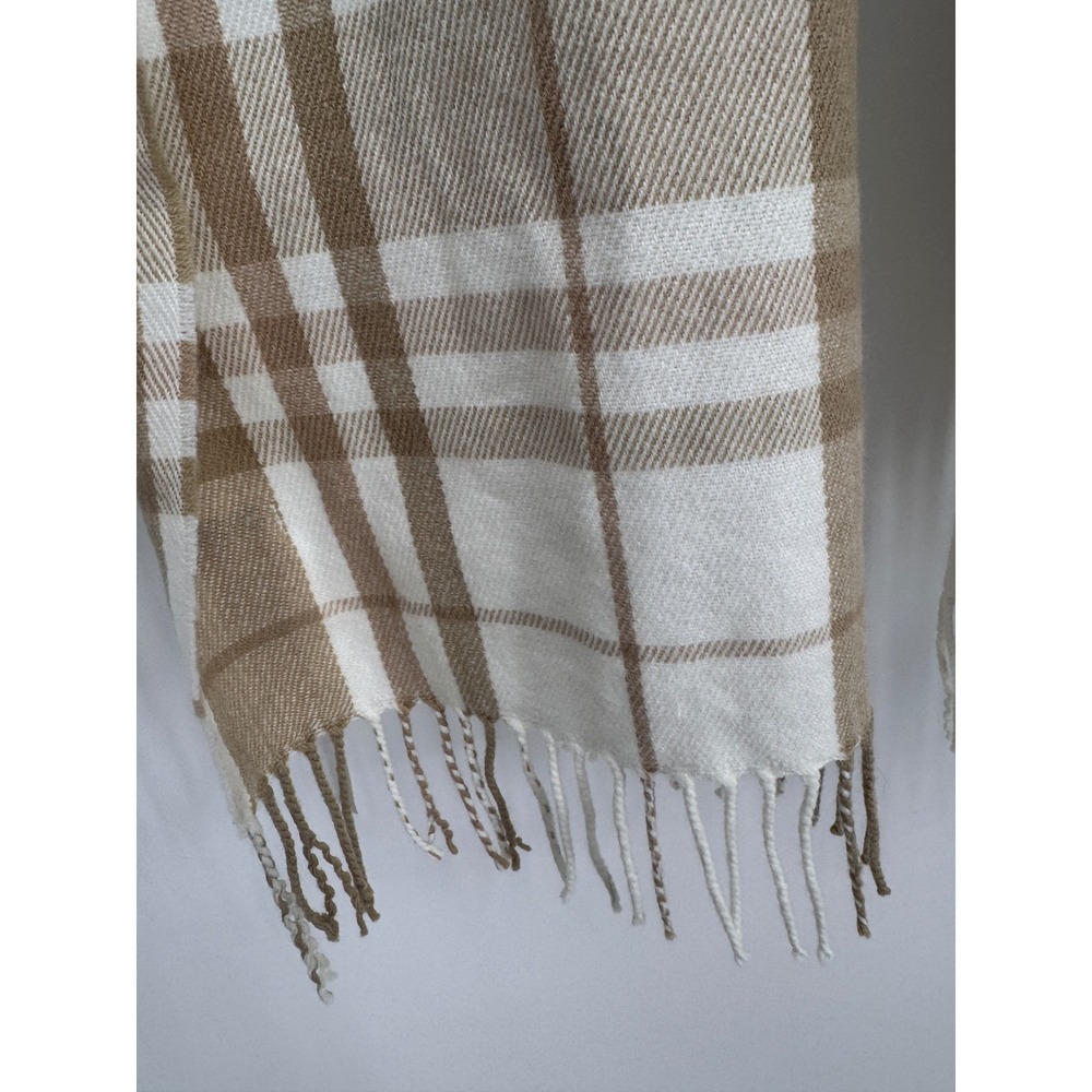 J.Crew Plaid Scarf Women OS Tan White Fringe Neutral Classic Wrap Winter Cozy - Picture 4 of 6